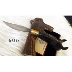 Coltello artistico scultura toro, lama larga 10 cm, manico corno di bufalo