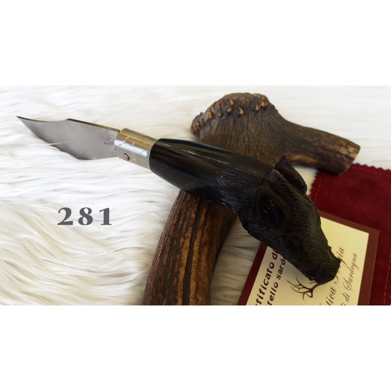 Coltello artistico scultura cinghiale, lama larga 10,5 cm, manico corno di bufalo