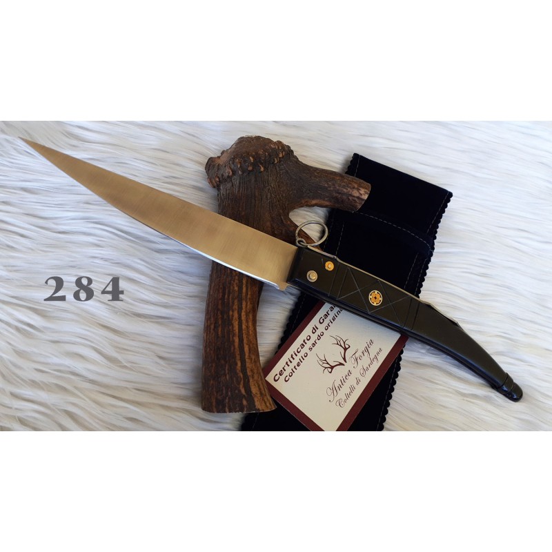 Coltello artigianale romano a 3 scrocchi, lama 16 cm, manico in corno di bufalo + pin